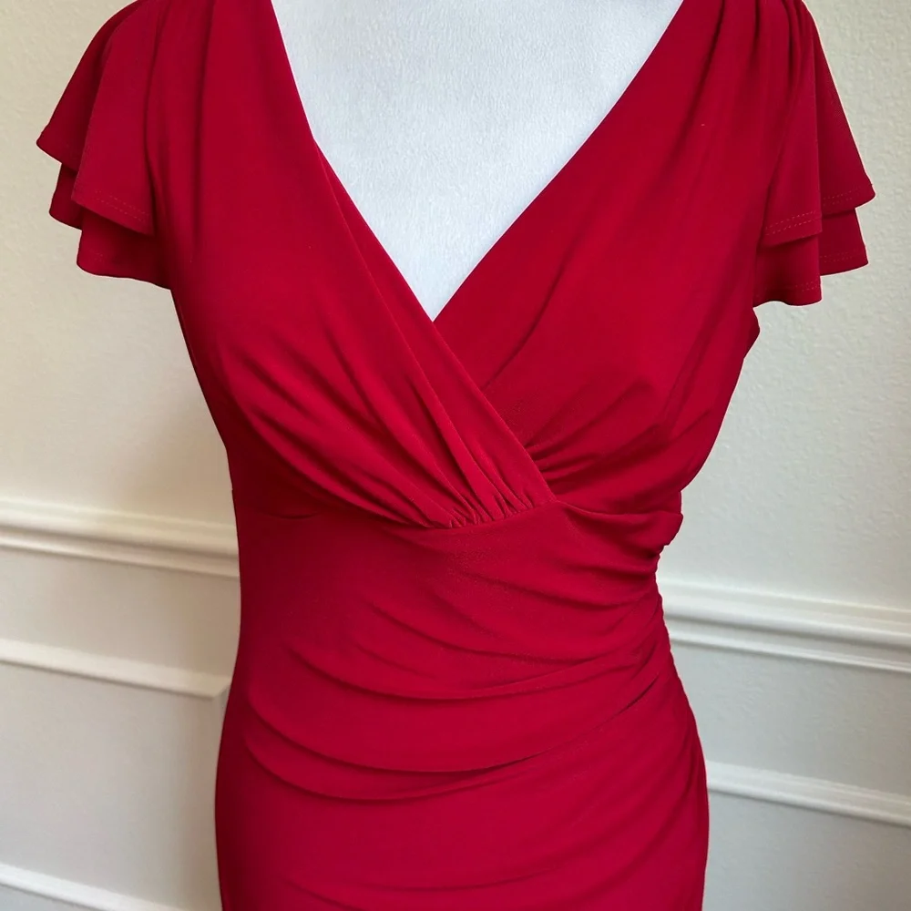 Ralph Lauren Red Sheath Midi Dress with Flutter Sleeves - Picture 2 of 6